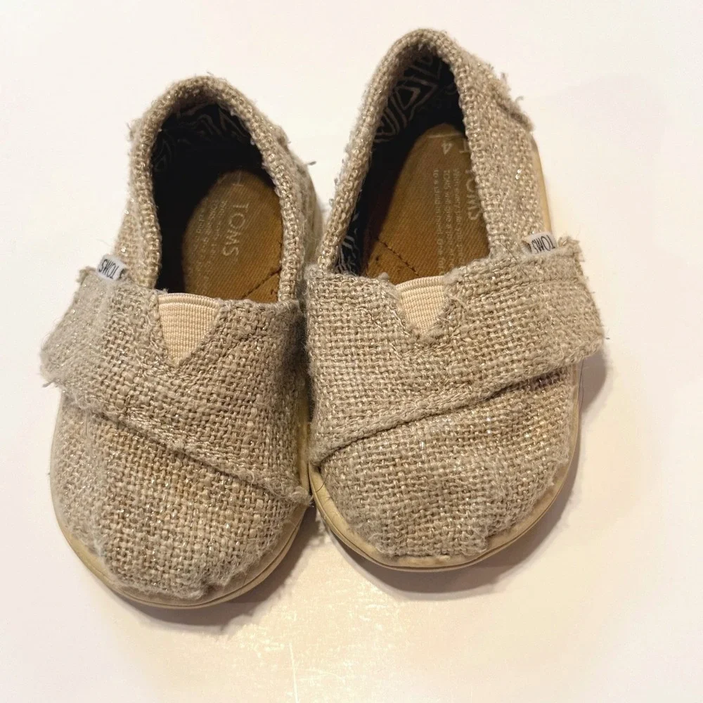 TOMS Tiny Classic Alpargata‎ Burlap Metallic Shimmer Slip On Shoes 4